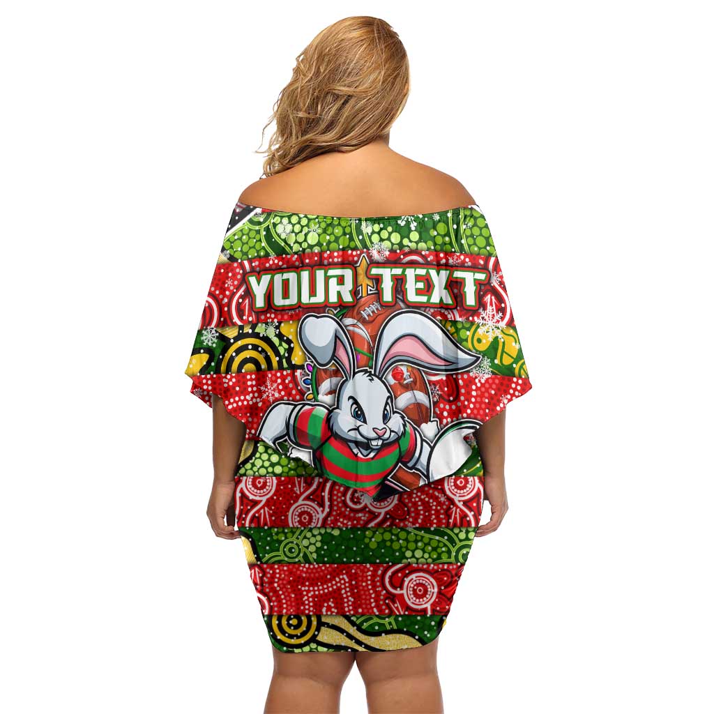 Custom Rabbitohs Rugby Merry Christmas Family Matching Off Shoulder Short Dress and Hawaiian Shirt Indigenous Australian Art