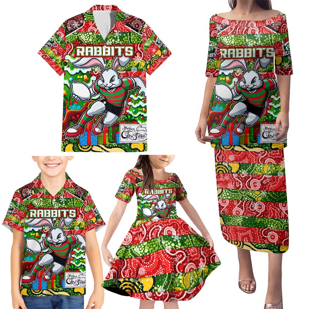 Custom Rabbitohs Rugby Merry Christmas Family Matching Puletasi and Hawaiian Shirt Indigenous Australian Art