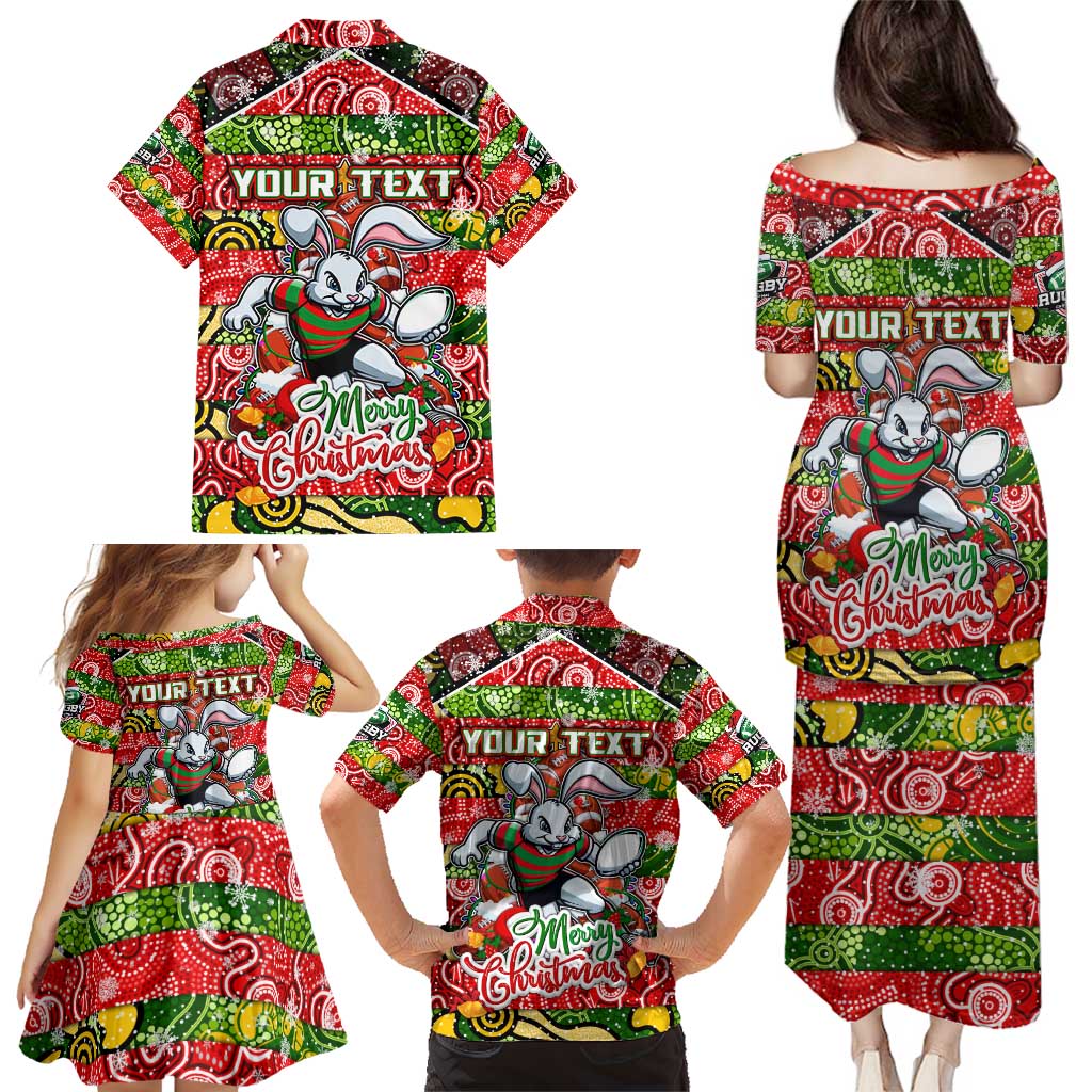 Custom Rabbitohs Rugby Merry Christmas Family Matching Puletasi and Hawaiian Shirt Indigenous Australian Art