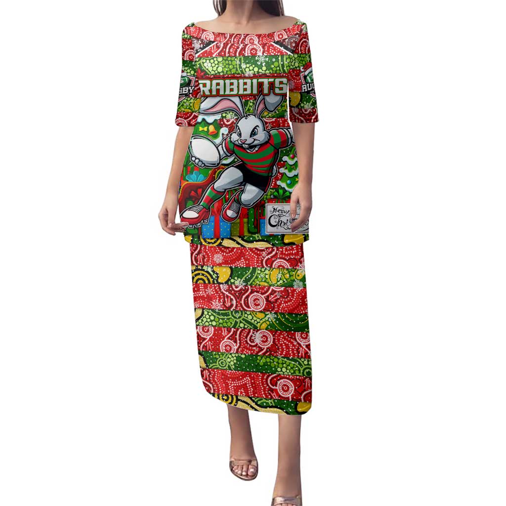 Custom Rabbitohs Rugby Merry Christmas Family Matching Puletasi and Hawaiian Shirt Indigenous Australian Art
