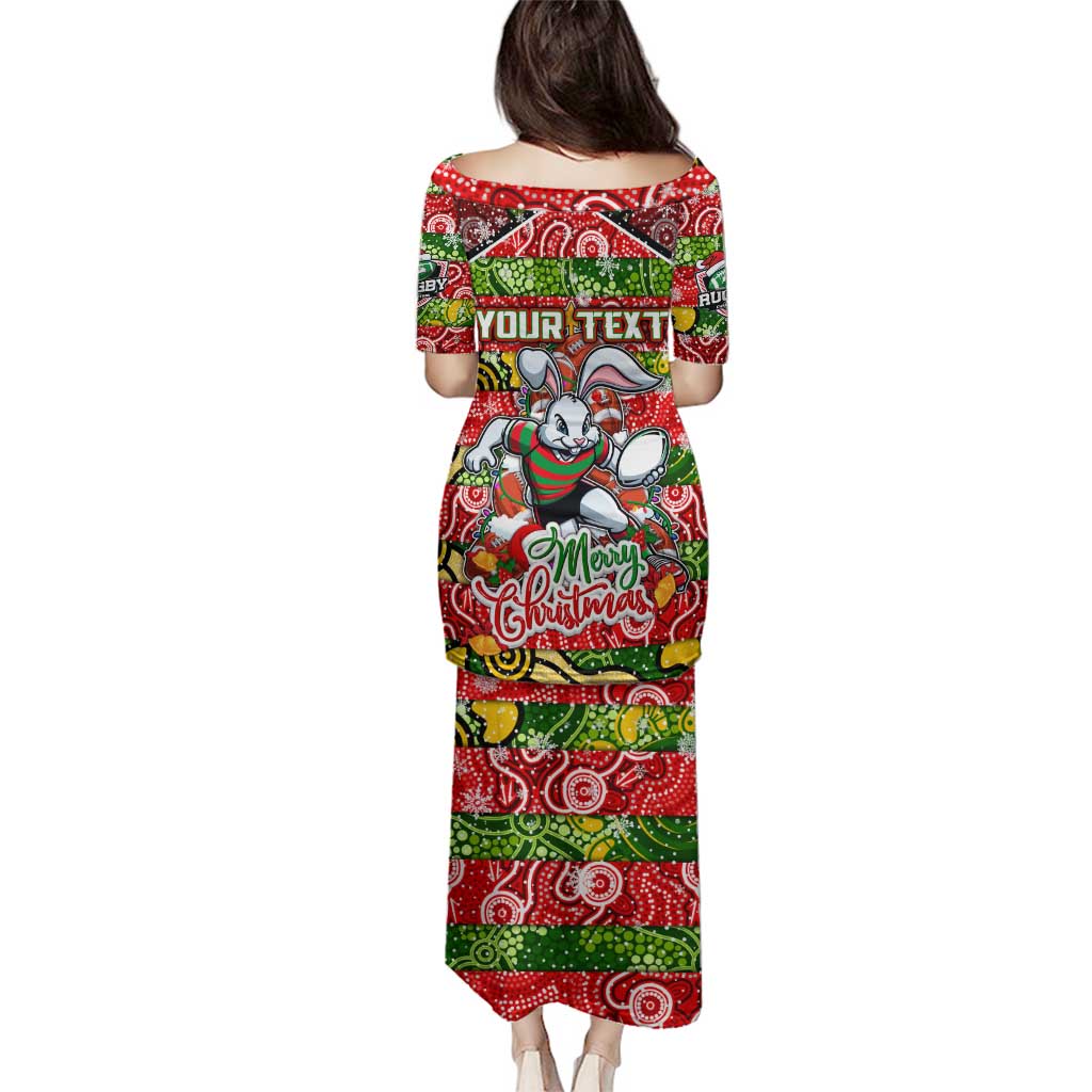 Custom Rabbitohs Rugby Merry Christmas Family Matching Puletasi and Hawaiian Shirt Indigenous Australian Art