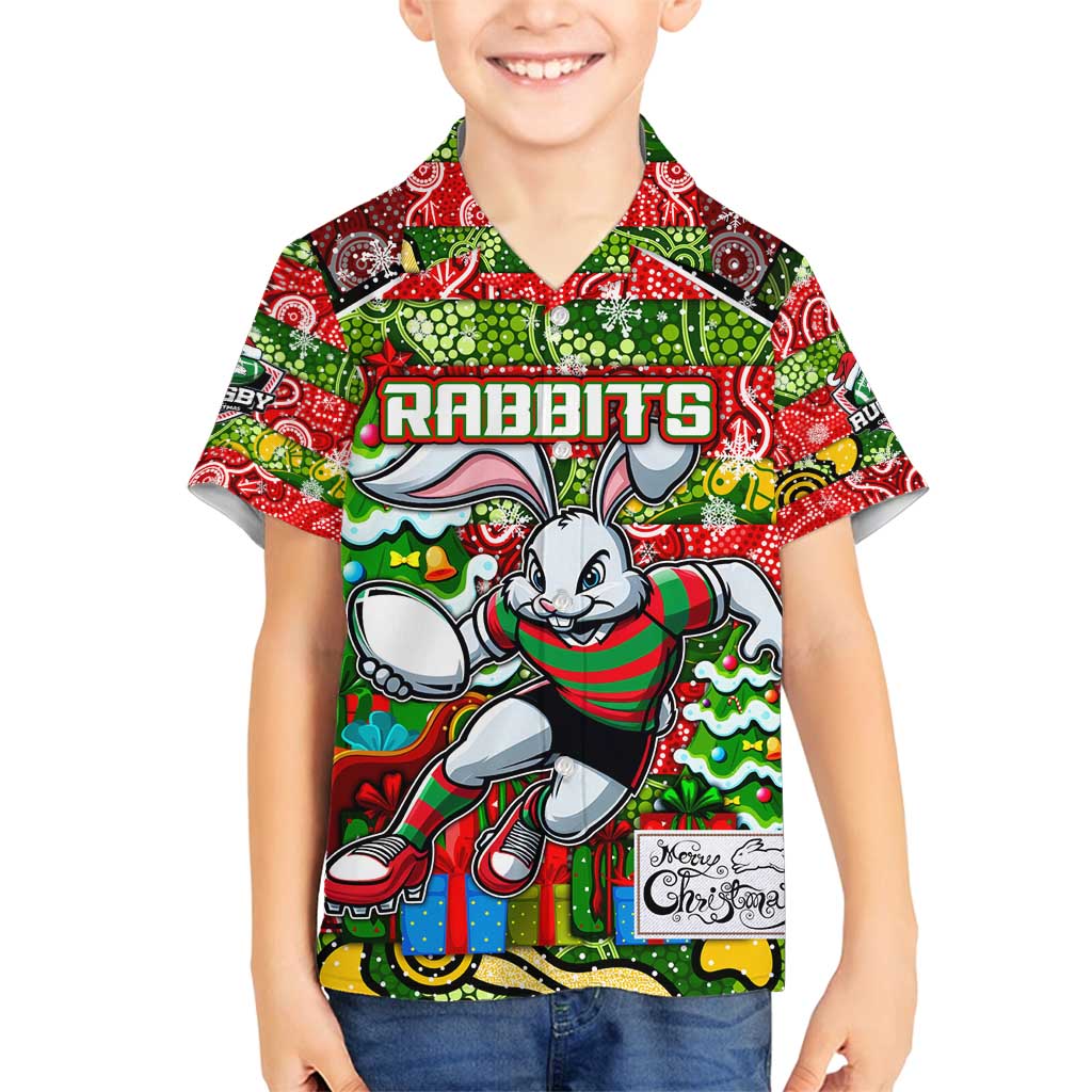 Custom Rabbitohs Rugby Merry Christmas Family Matching Puletasi and Hawaiian Shirt Indigenous Australian Art
