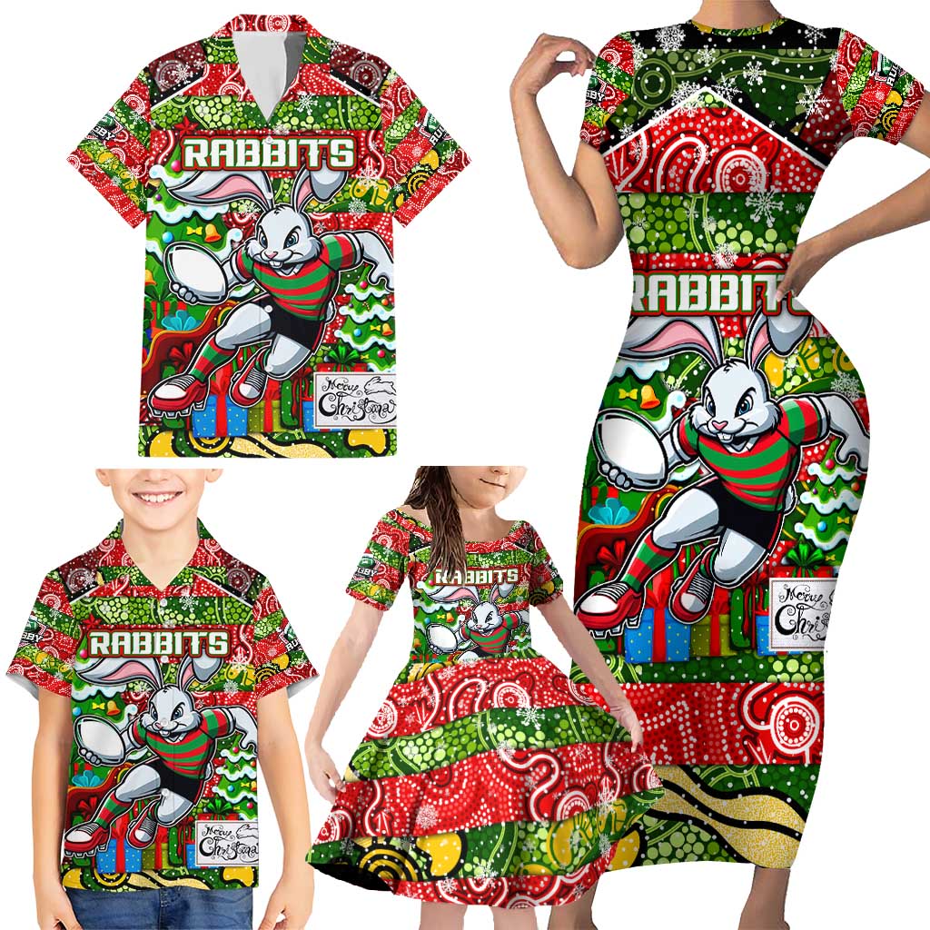 Custom Rabbitohs Rugby Merry Christmas Family Matching Short Sleeve Bodycon Dress and Hawaiian Shirt Indigenous Australian Art