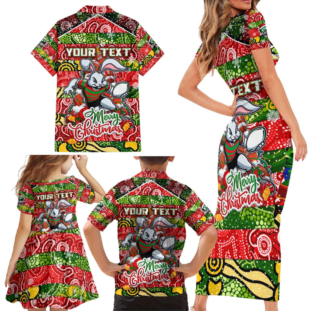 Custom Rabbitohs Rugby Merry Christmas Family Matching Short Sleeve Bodycon Dress and Hawaiian Shirt Indigenous Australian Art