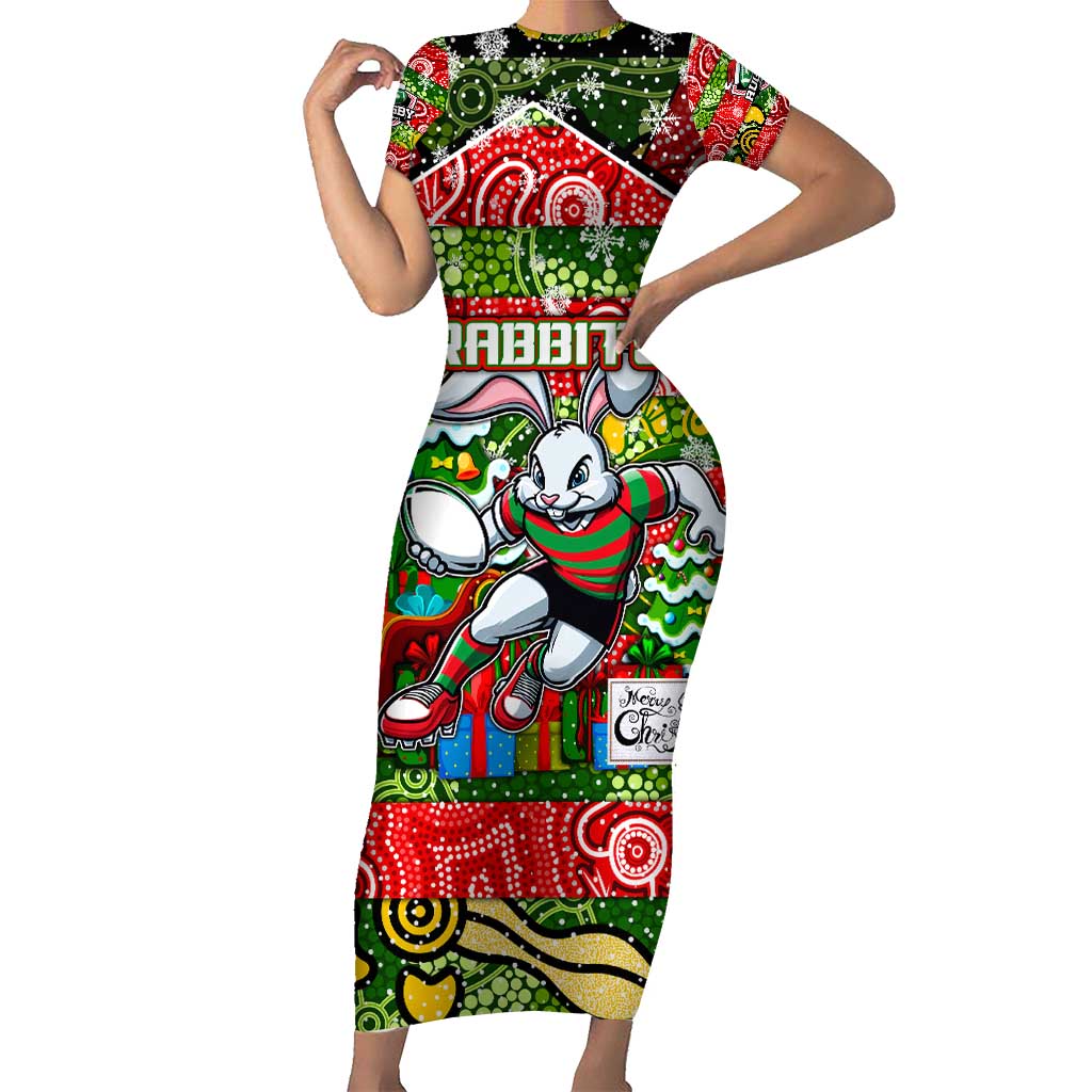 Custom Rabbitohs Rugby Merry Christmas Family Matching Short Sleeve Bodycon Dress and Hawaiian Shirt Indigenous Australian Art