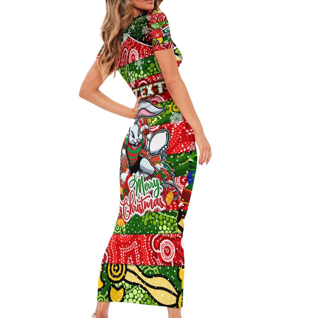 Custom Rabbitohs Rugby Merry Christmas Family Matching Short Sleeve Bodycon Dress and Hawaiian Shirt Indigenous Australian Art