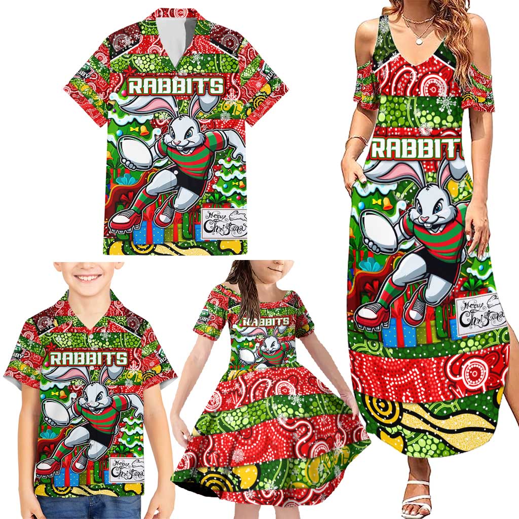Custom Rabbitohs Rugby Merry Christmas Family Matching Summer Maxi Dress and Hawaiian Shirt Indigenous Australian Art