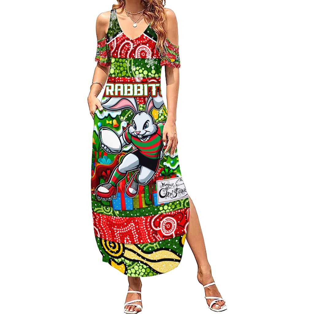 Custom Rabbitohs Rugby Merry Christmas Family Matching Summer Maxi Dress and Hawaiian Shirt Indigenous Australian Art