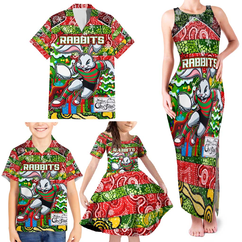 Custom Rabbitohs Rugby Merry Christmas Family Matching Tank Maxi Dress and Hawaiian Shirt Indigenous Australian Art