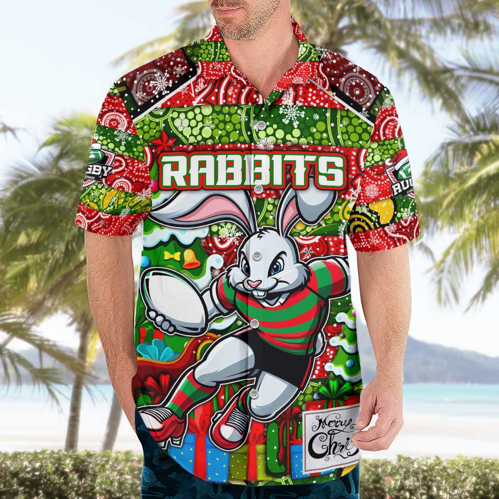 Custom Rabbitohs Rugby Merry Christmas Hawaiian Shirt Indigenous Australian Art - Vibe Hoodie Shop