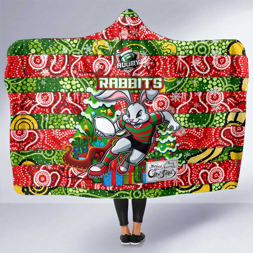Rabbitohs Rugby Merry Christmas Hooded Blanket Indigenous Australian Art