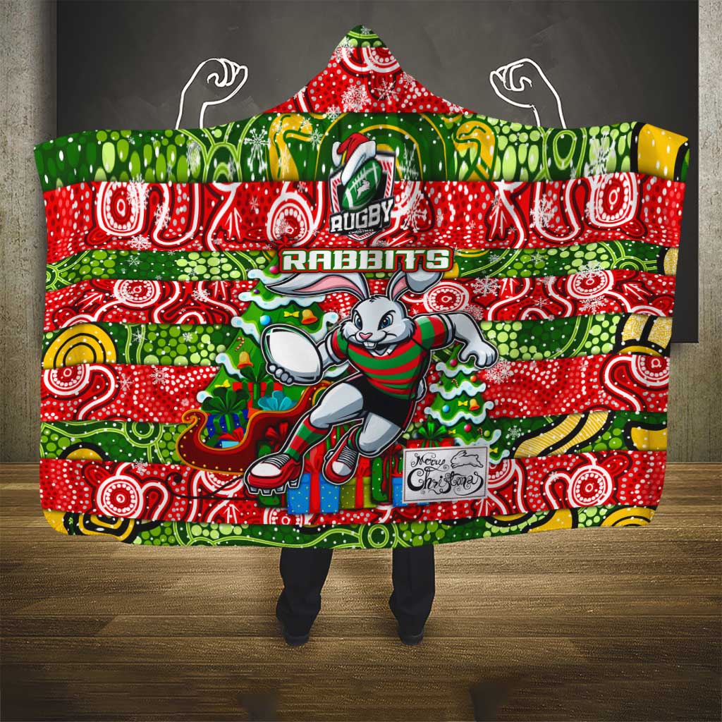 Rabbitohs Rugby Merry Christmas Hooded Blanket Indigenous Australian Art