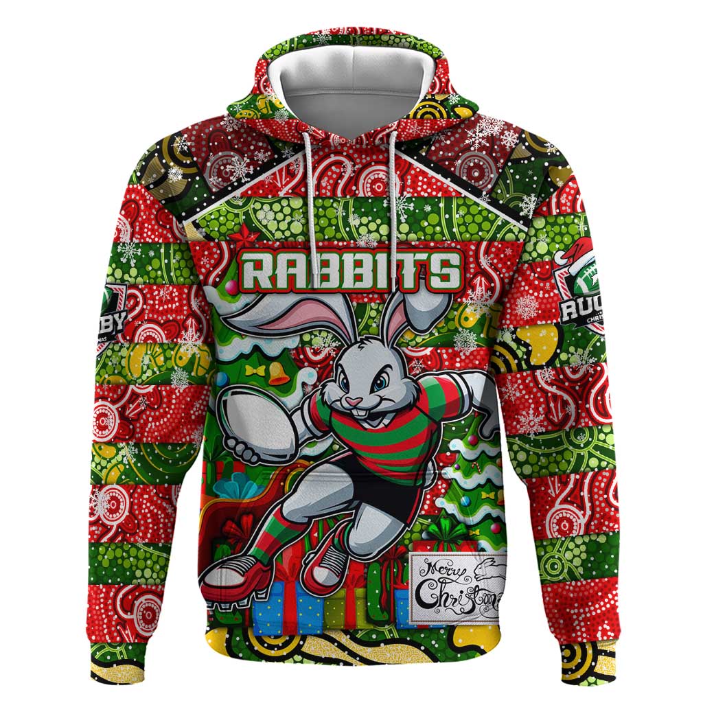Custom Rabbitohs Rugby Merry Christmas Hoodie Indigenous Australian Art - Vibe Hoodie Shop