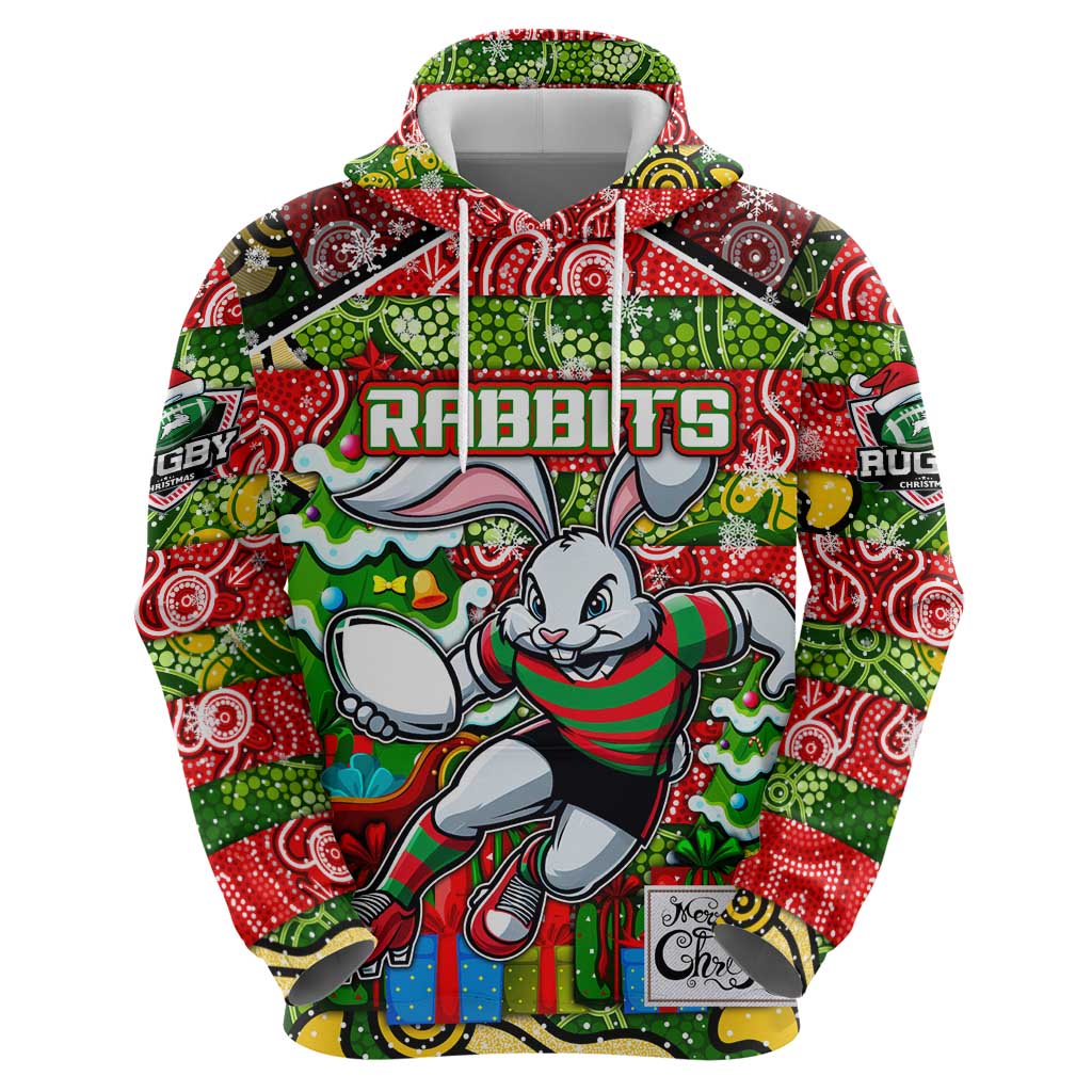 Custom Rabbitohs Rugby Merry Christmas Hoodie Indigenous Australian Art - Vibe Hoodie Shop