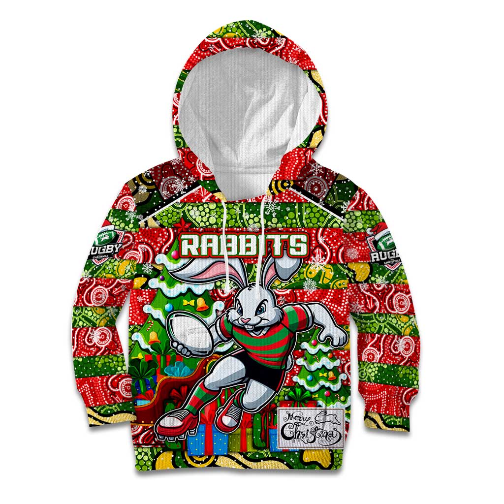 Custom Rabbitohs Rugby Merry Christmas Kid Hoodie Indigenous Australian Art - Vibe Hoodie Shop