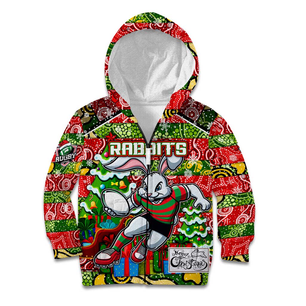 Custom Rabbitohs Rugby Merry Christmas Kid Hoodie Indigenous Australian Art - Vibe Hoodie Shop