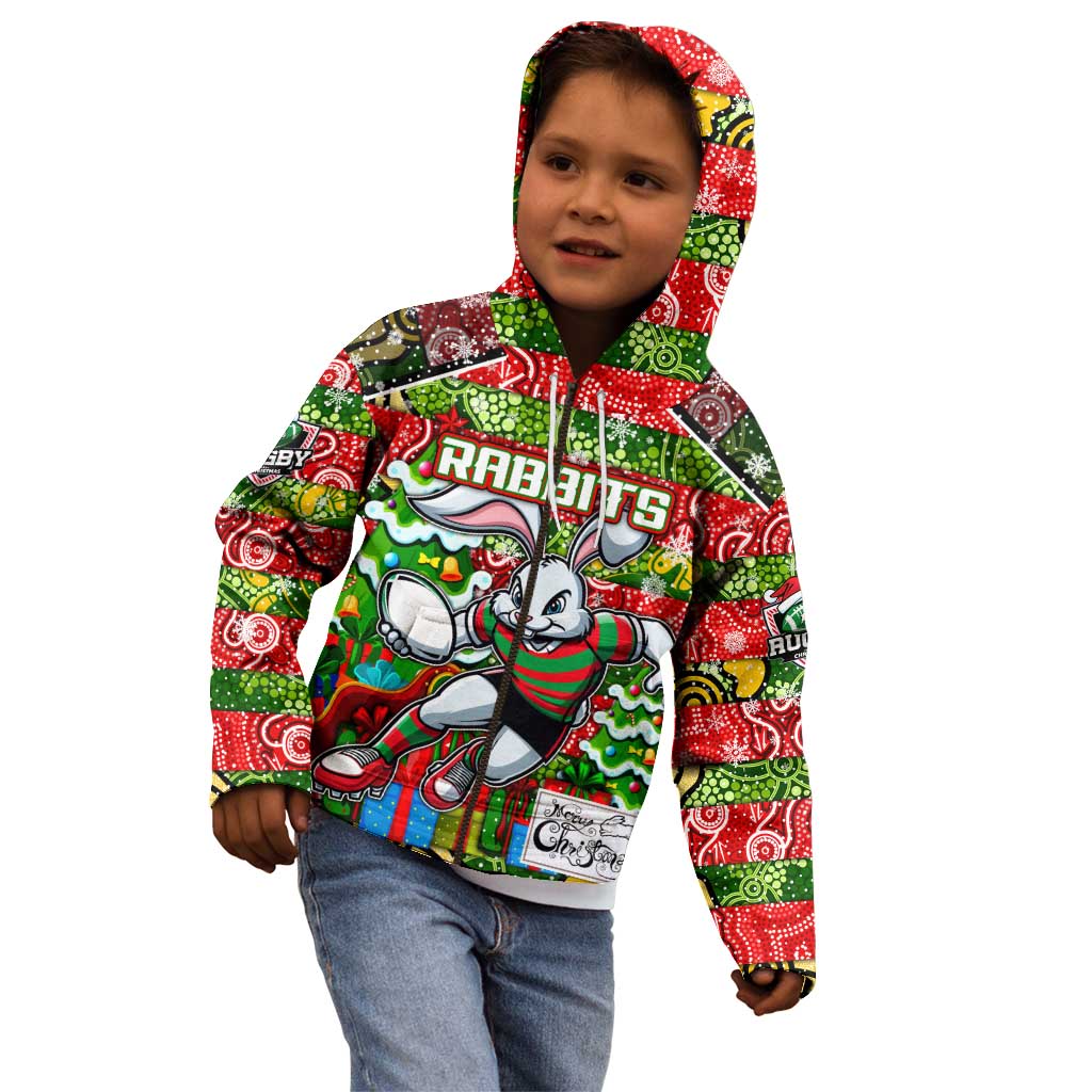Custom Rabbitohs Rugby Merry Christmas Kid Hoodie Indigenous Australian Art - Vibe Hoodie Shop