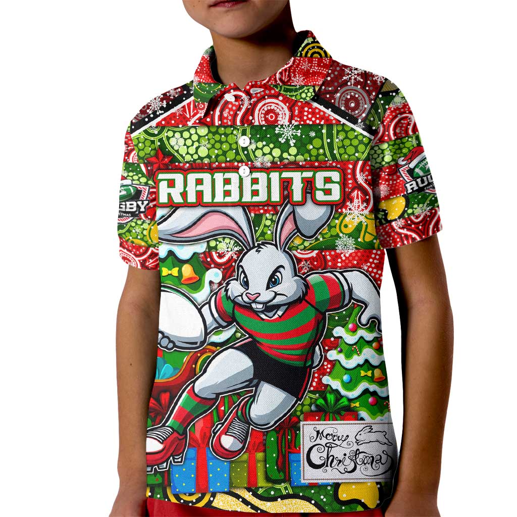 Custom Rabbitohs Rugby Merry Christmas Kid Polo Shirt Indigenous Australian Art - Vibe Hoodie Shop