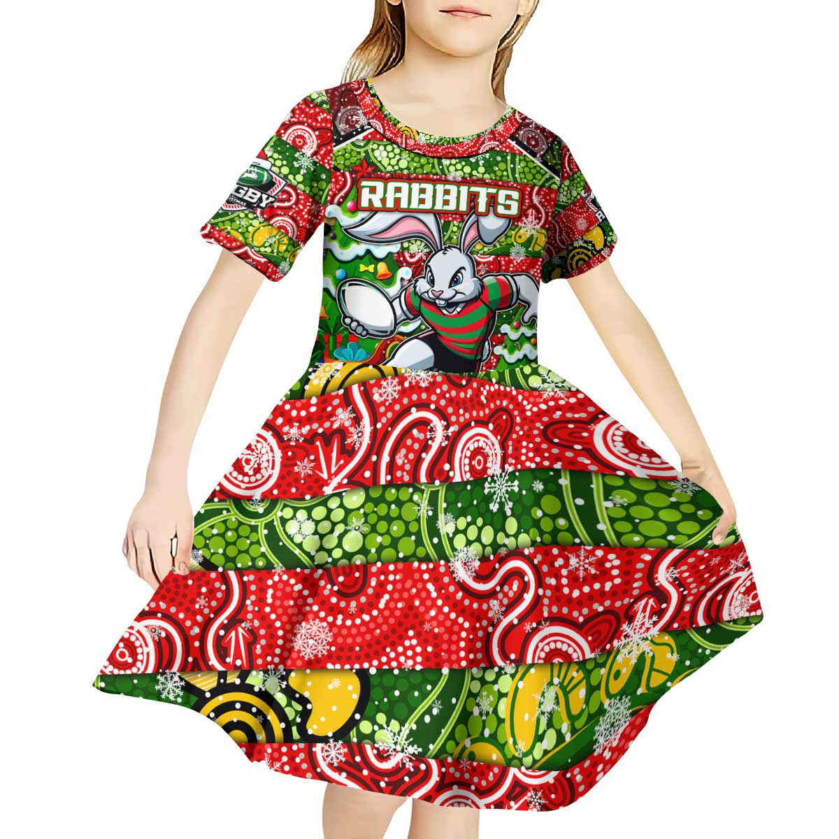 Custom Rabbitohs Rugby Merry Christmas Kid Short Sleeve Dress Indigenous Australian Art - Vibe Hoodie Shop
