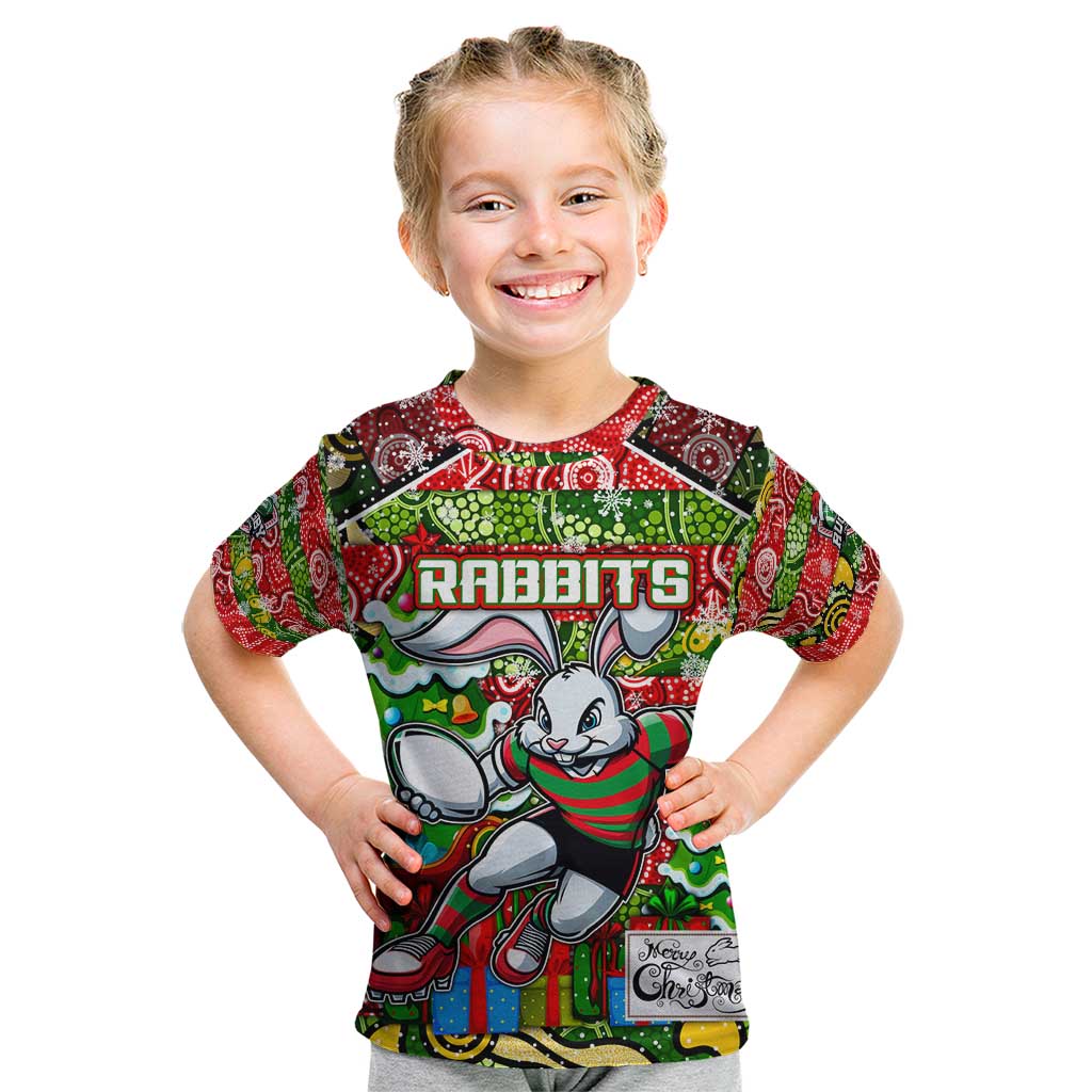 Custom Rabbitohs Rugby Merry Christmas Kid T Shirt Indigenous Australian Art - Vibe Hoodie Shop