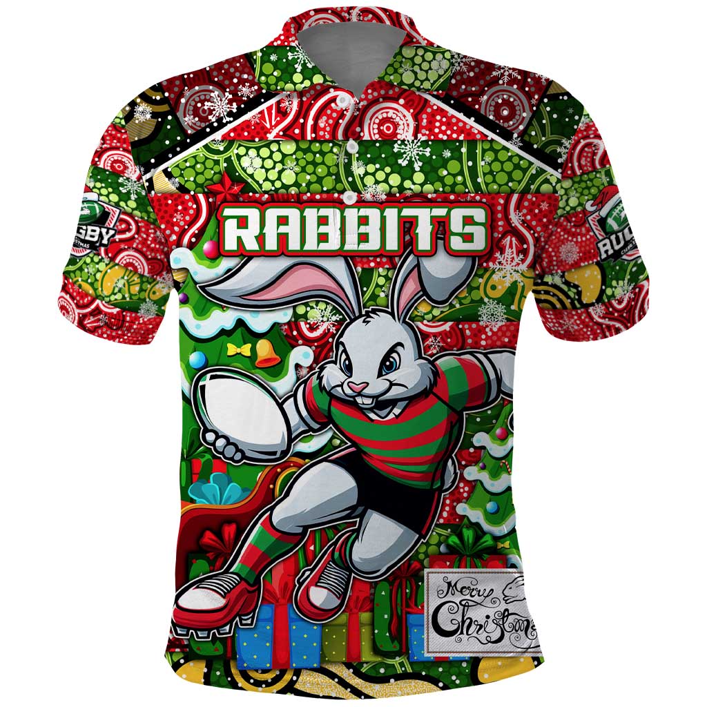 Custom Rabbitohs Rugby Merry Christmas Polo Shirt Indigenous Australian Art - Vibe Hoodie Shop