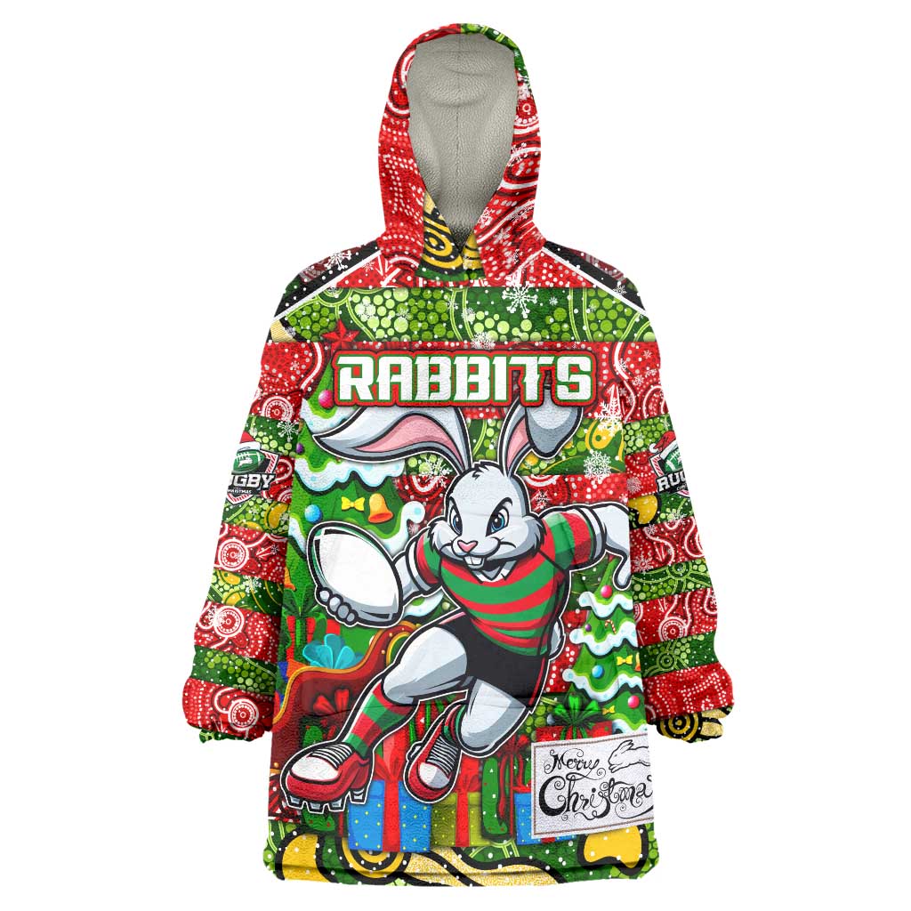 Custom Rabbitohs Rugby Merry Christmas Wearable Blanket Hoodie Indigenous Australian Art - Vibe Hoodie Shop