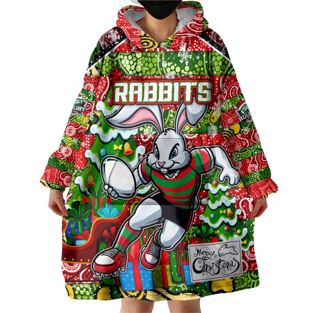 Custom Rabbitohs Rugby Merry Christmas Wearable Blanket Hoodie Indigenous Australian Art - Vibe Hoodie Shop