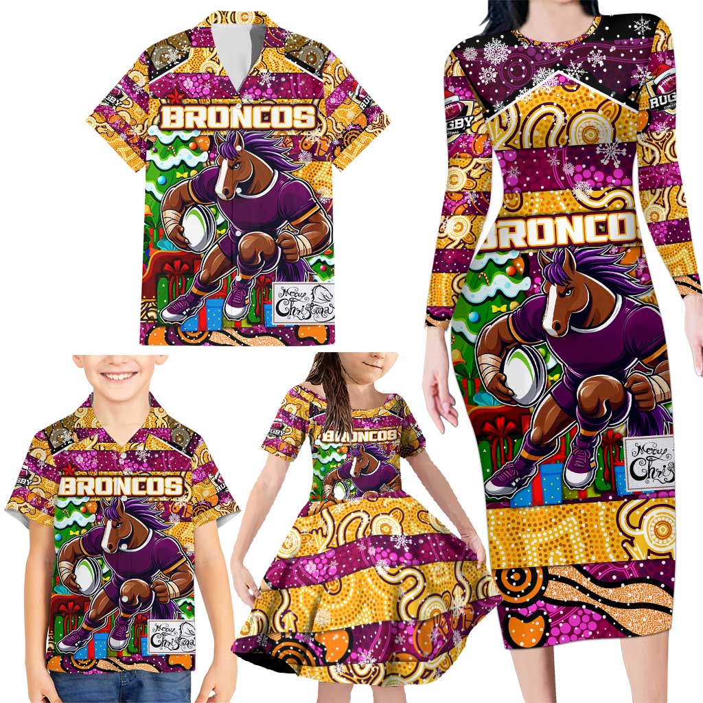 Custom Broncos Rugby Merry Christmas Family Matching Long Sleeve Bodycon Dress and Hawaiian Shirt Indigenous Australian Art
