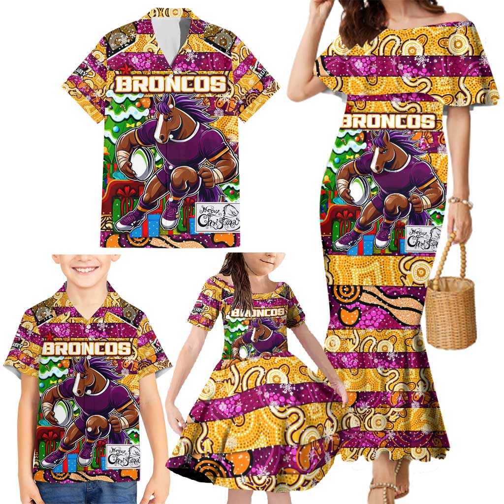 Custom Broncos Rugby Merry Christmas Family Matching Mermaid Dress and Hawaiian Shirt Indigenous Australian Art