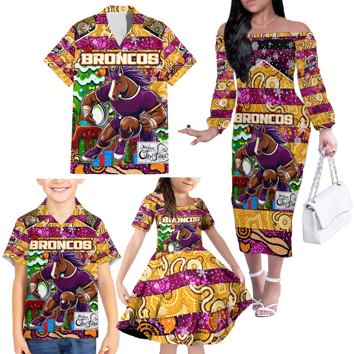 Custom Broncos Rugby Merry Christmas Family Matching Off The Shoulder Long Sleeve Dress and Hawaiian Shirt Indigenous Australian Art