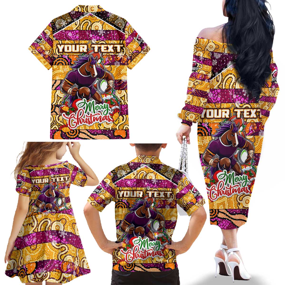 Custom Broncos Rugby Merry Christmas Family Matching Off The Shoulder Long Sleeve Dress and Hawaiian Shirt Indigenous Australian Art