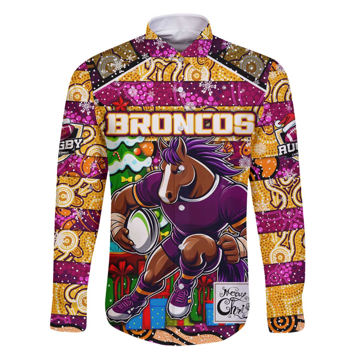 Custom Broncos Rugby Merry Christmas Family Matching Off The Shoulder Long Sleeve Dress and Hawaiian Shirt Indigenous Australian Art