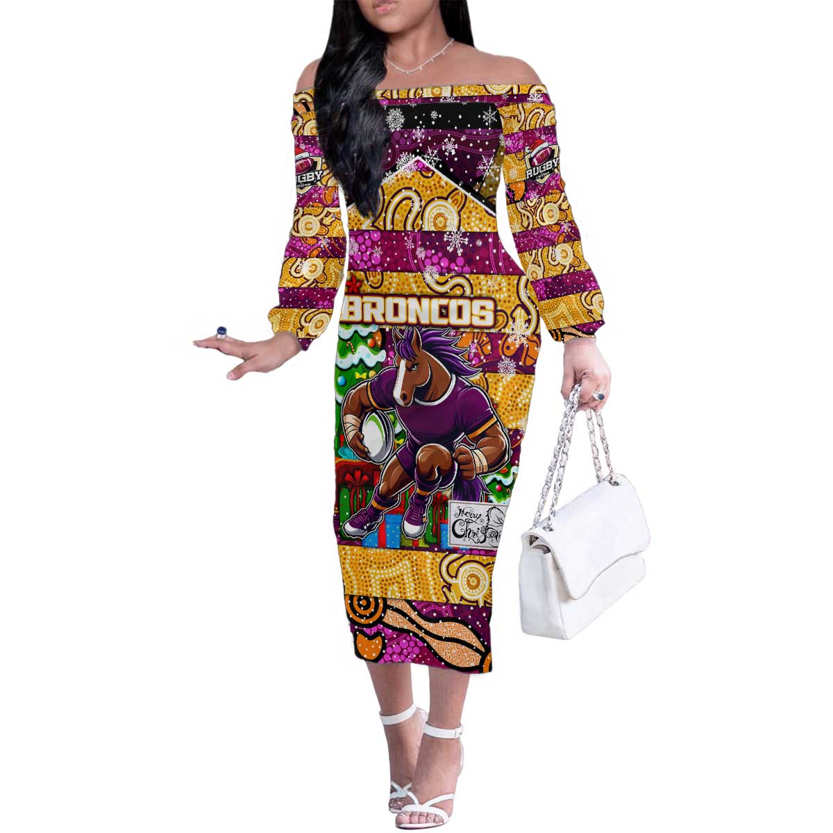 Custom Broncos Rugby Merry Christmas Family Matching Off The Shoulder Long Sleeve Dress and Hawaiian Shirt Indigenous Australian Art