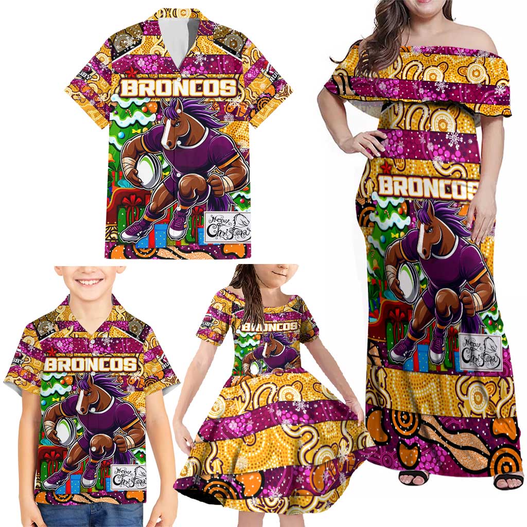 Custom Broncos Rugby Merry Christmas Family Matching Off Shoulder Maxi Dress and Hawaiian Shirt Indigenous Australian Art