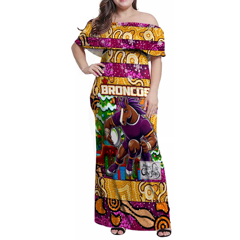 Custom Broncos Rugby Merry Christmas Family Matching Off Shoulder Maxi Dress and Hawaiian Shirt Indigenous Australian Art