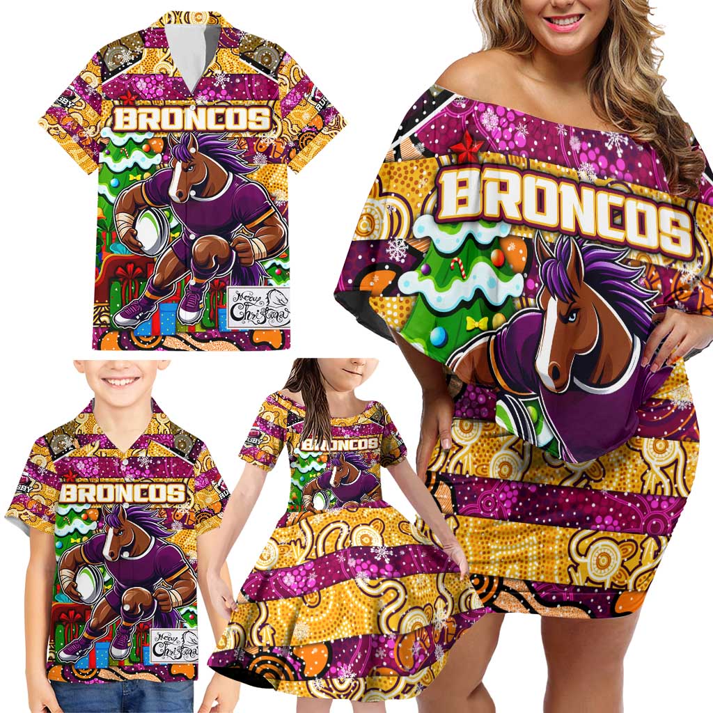 Custom Broncos Rugby Merry Christmas Family Matching Off Shoulder Short Dress and Hawaiian Shirt Indigenous Australian Art