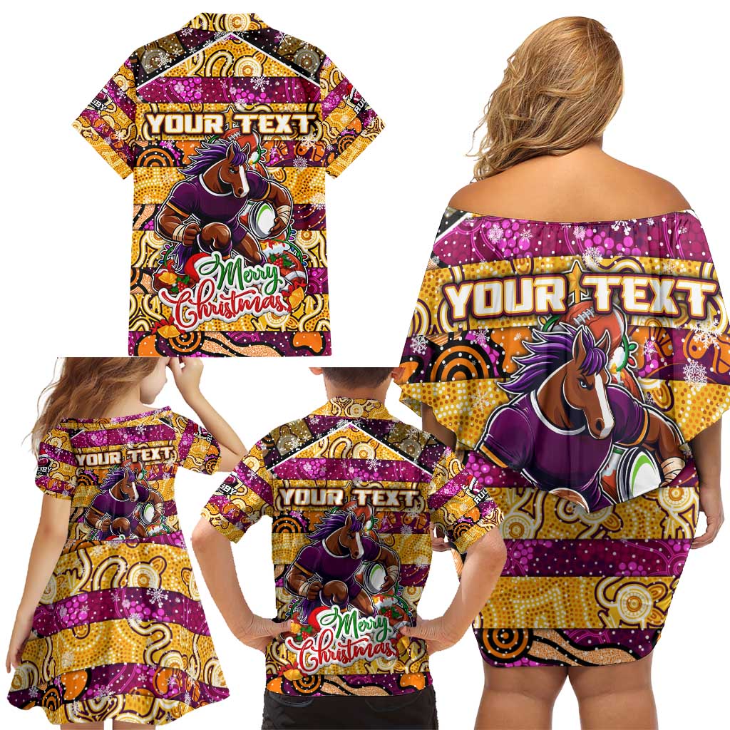 Custom Broncos Rugby Merry Christmas Family Matching Off Shoulder Short Dress and Hawaiian Shirt Indigenous Australian Art