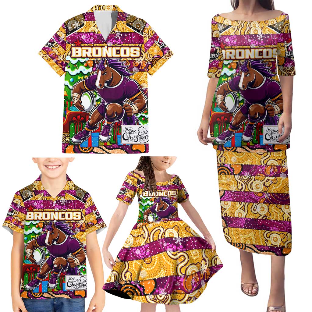 Custom Broncos Rugby Merry Christmas Family Matching Puletasi and Hawaiian Shirt Indigenous Australian Art