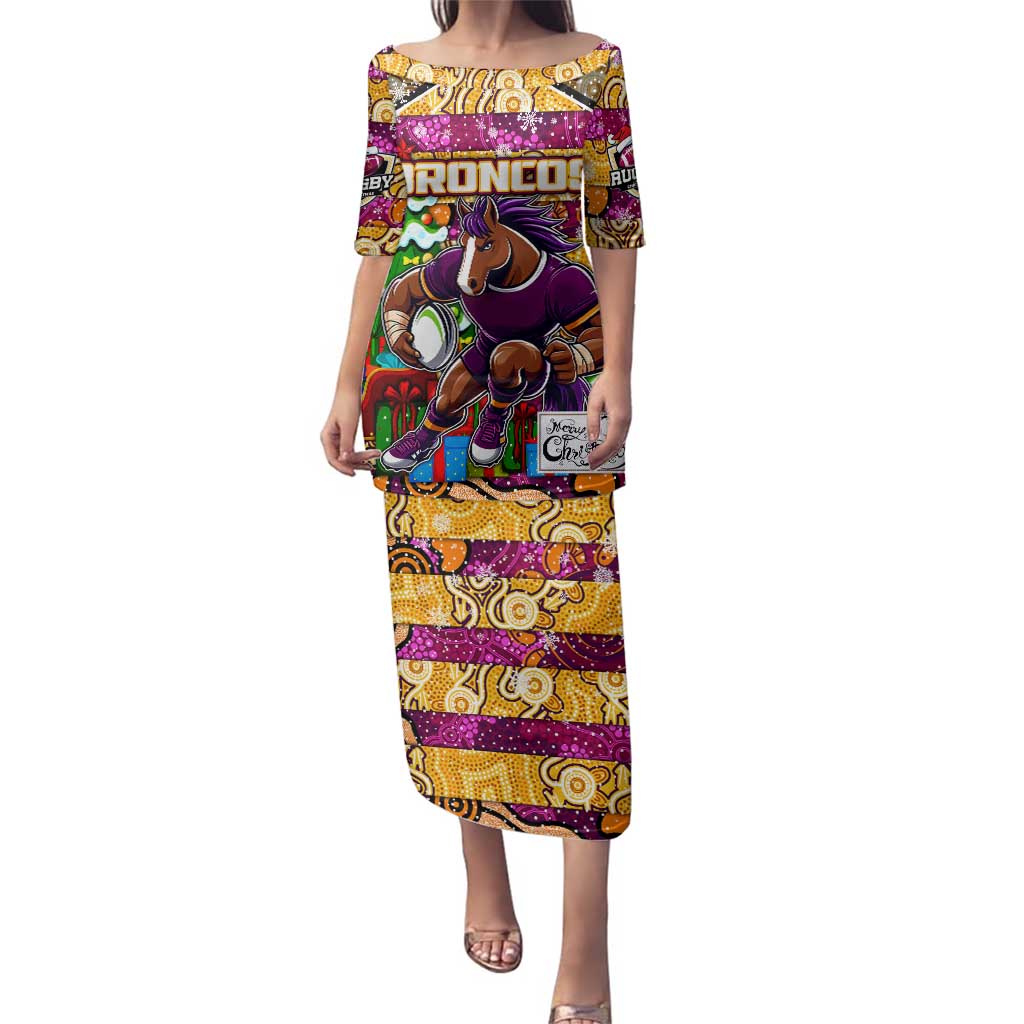 Custom Broncos Rugby Merry Christmas Family Matching Puletasi and Hawaiian Shirt Indigenous Australian Art