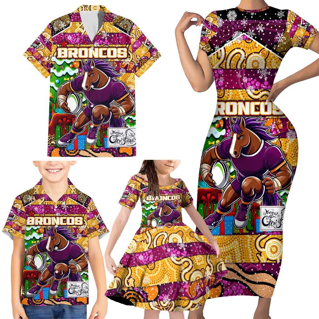 Custom Broncos Rugby Merry Christmas Family Matching Short Sleeve Bodycon Dress and Hawaiian Shirt Indigenous Australian Art