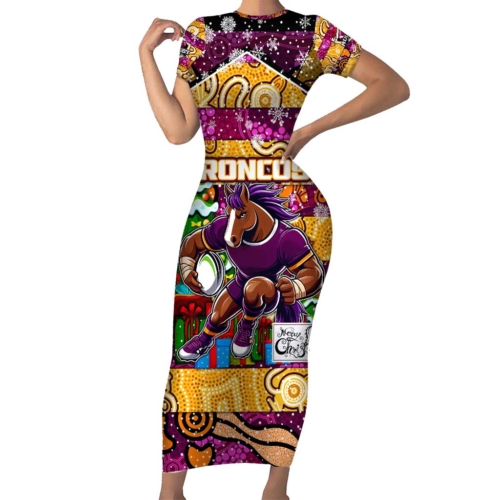 Custom Broncos Rugby Merry Christmas Family Matching Short Sleeve Bodycon Dress and Hawaiian Shirt Indigenous Australian Art
