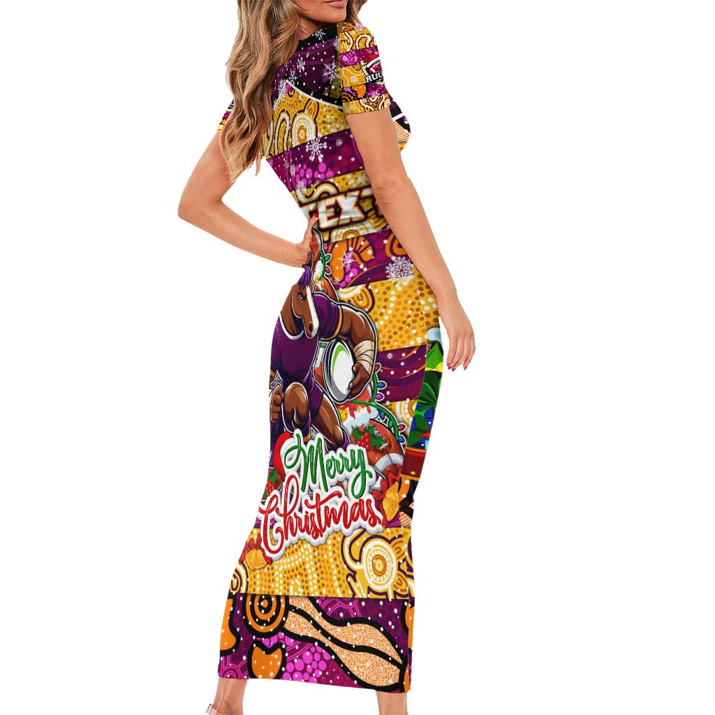 Custom Broncos Rugby Merry Christmas Family Matching Short Sleeve Bodycon Dress and Hawaiian Shirt Indigenous Australian Art