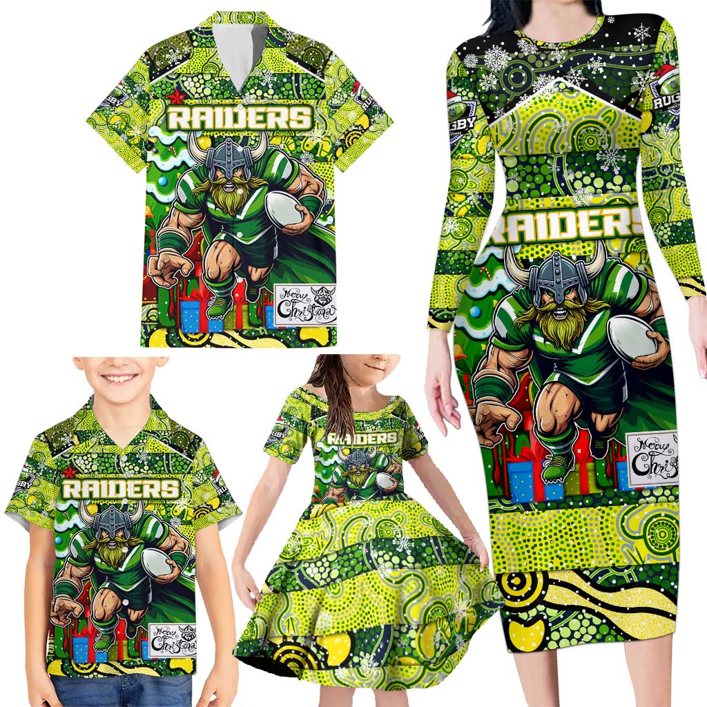 Custom Raiders Rugby Merry Christmas Family Matching Long Sleeve Bodycon Dress and Hawaiian Shirt Indigenous Australian Art