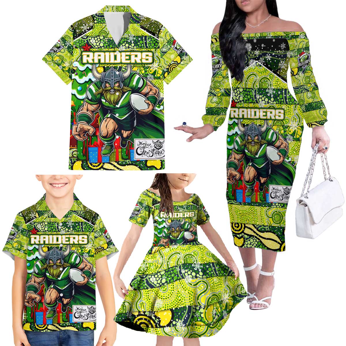 Custom Raiders Rugby Merry Christmas Family Matching Off The Shoulder Long Sleeve Dress and Hawaiian Shirt Indigenous Australian Art