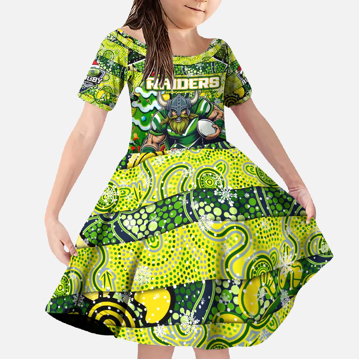 Custom Raiders Rugby Merry Christmas Family Matching Off The Shoulder Long Sleeve Dress and Hawaiian Shirt Indigenous Australian Art