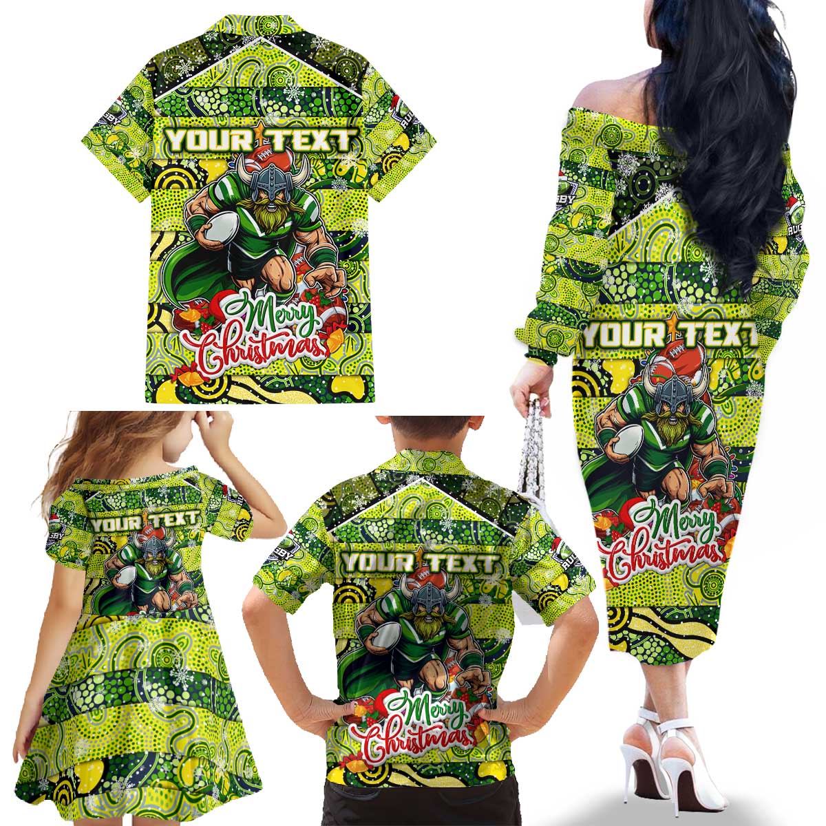 Custom Raiders Rugby Merry Christmas Family Matching Off The Shoulder Long Sleeve Dress and Hawaiian Shirt Indigenous Australian Art