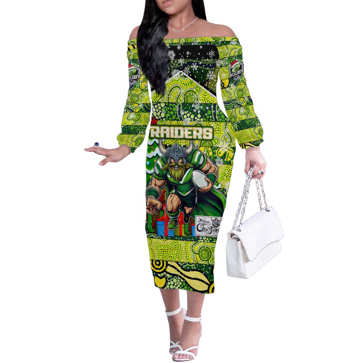 Custom Raiders Rugby Merry Christmas Family Matching Off The Shoulder Long Sleeve Dress and Hawaiian Shirt Indigenous Australian Art