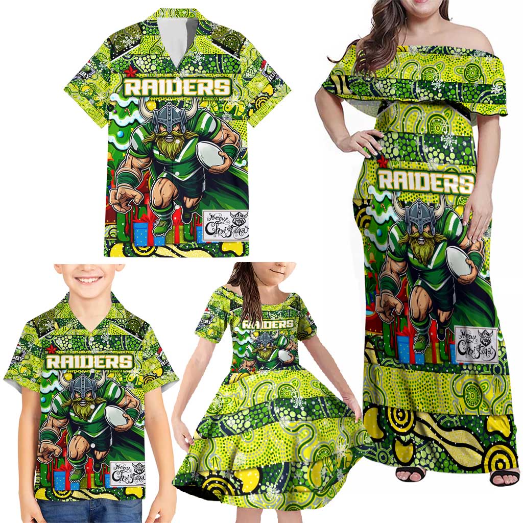 Custom Raiders Rugby Merry Christmas Family Matching Off Shoulder Maxi Dress and Hawaiian Shirt Indigenous Australian Art