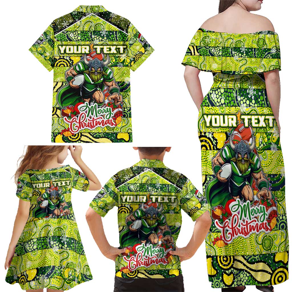 Custom Raiders Rugby Merry Christmas Family Matching Off Shoulder Maxi Dress and Hawaiian Shirt Indigenous Australian Art