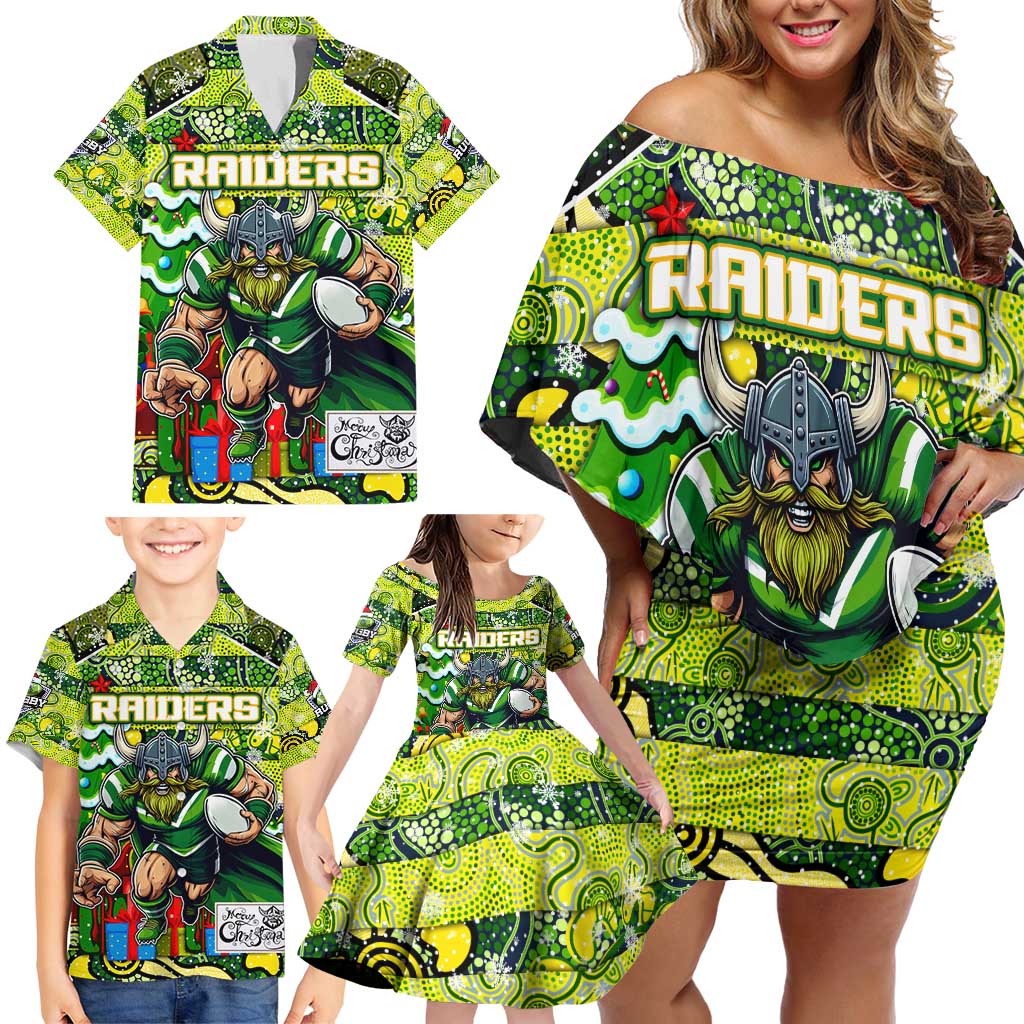 Custom Raiders Rugby Merry Christmas Family Matching Off Shoulder Short Dress and Hawaiian Shirt Indigenous Australian Art